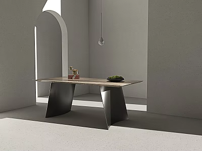 Minimalist Dining Table With Wooden Top And Metal Legs Featuring Simple Decor In Bright Interior 3d model