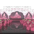 Elegant Pink Event Stage Setup With Decorative Trees Tables And Chairs 3d model