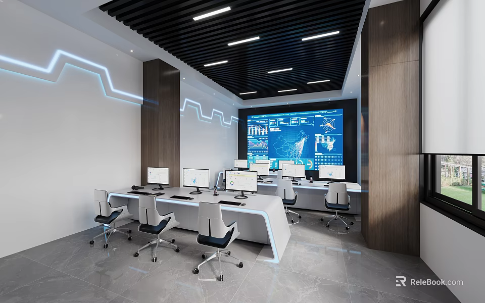 Modern Control Room Interior With Large Monitoring Screen Multiple Workstations and Ergonomic Chairs 3d model 