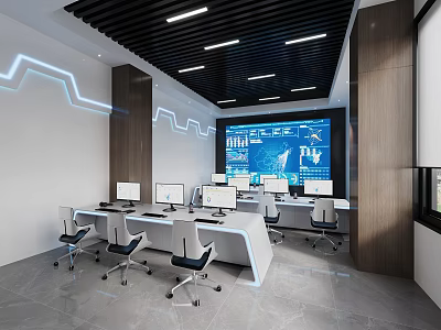 Modern Control Room Interior With Large Monitoring Screen Multiple Workstations and Ergonomic Chairs 3d model