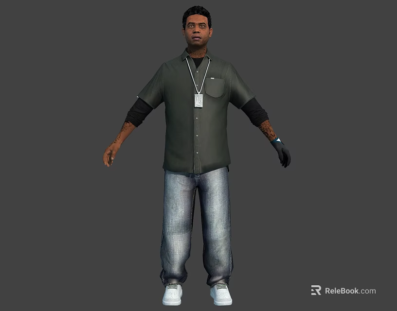 Man Wearing Green Shirt Black Long Sleeves Blue Jeans White Shoes And Arm Tattoos 3d model 