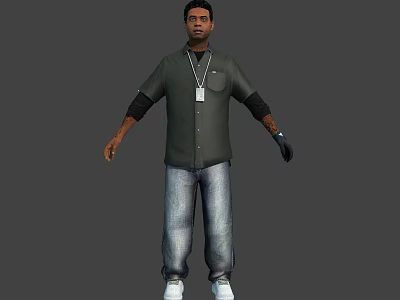 Man Wearing Green Shirt Black Long Sleeves Blue Jeans White Shoes And Arm Tattoos 3d model
