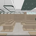 Modern Retail Store Interior With Wooden Display Tables Green Decor And Round Pendant Lights