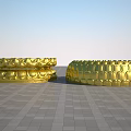 Golden Circular Garden Ornaments With Decorative Patterns On Gray Grid Ground 3d model