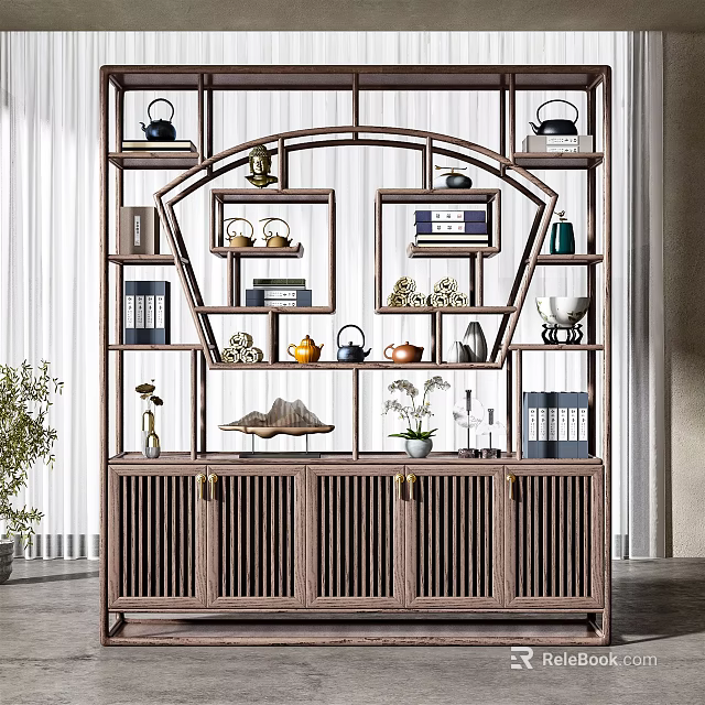 Traditional Chinese Wooden Display Shelf With Tea Pots Books Vases And Decorative Ornaments 3d model 