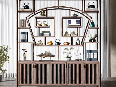 Traditional Chinese Wooden Display Shelf With Tea Pots Books Vases And Decorative Ornaments 3d model