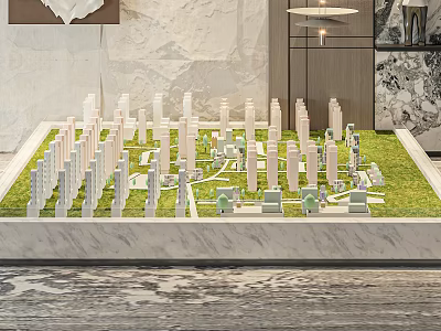 City Planning Model With Tall Buildings Green Lawn On Marble Countertop And Decorative Background 3d model