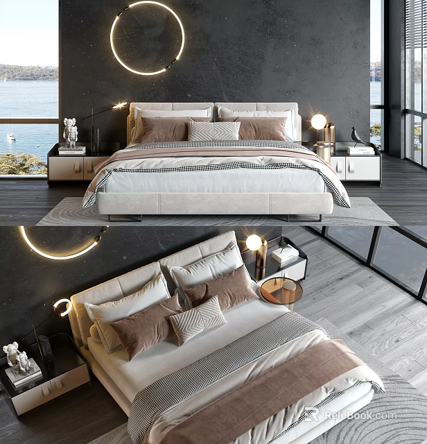 Modern Double Bed Design With Bedside Tables Decorative Pillows And Scenic View 3d model
