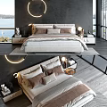 Modern Double Bed Design With Bedside Tables Decorative Pillows And Scenic View 3d model