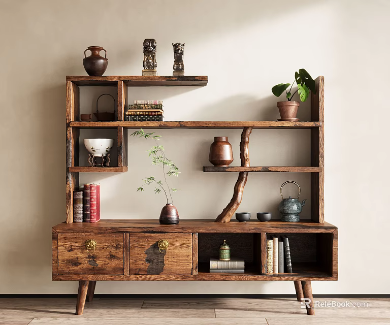 Rustic Wooden Shelf with Vases Books Potted Plant Teapot and Decorative Items in Interior 3d model 