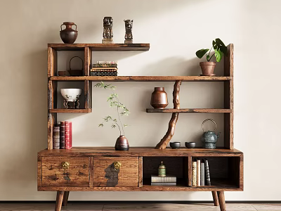 Rustic Wooden Shelf with Vases Books Potted Plant Teapot and Decorative Items in Interior 3d model