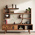 Rustic Wooden Shelf with Vases Books Potted Plant Teapot and Decorative Items in Interior