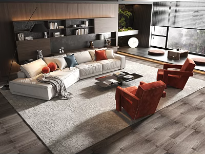 Modern Living Room Sofa Coffee Table Set With Red Armchairs Decorative Pillows And Area Rug 3d model