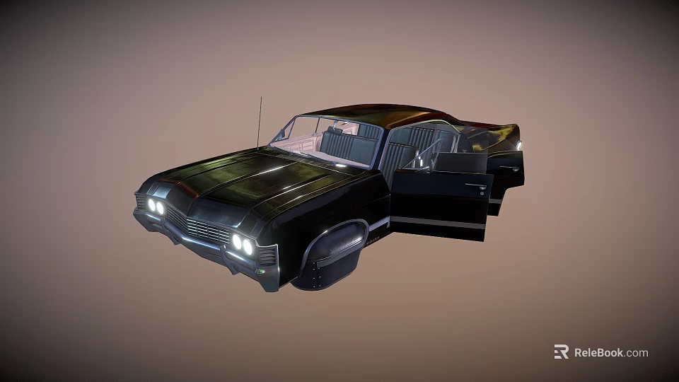 Vintage Black Classic Sedan With Open Doors Illuminated Headlights And Visible Interior 3d model 