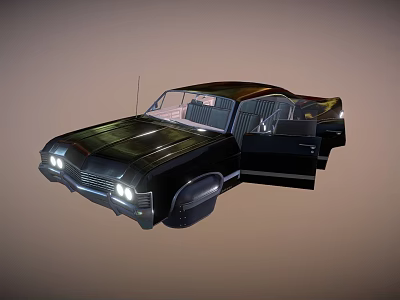 Vintage Black Classic Sedan With Open Doors Illuminated Headlights And Visible Interior 3d model