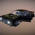 Vintage Black Classic Sedan With Open Doors Illuminated Headlights And Visible Interior