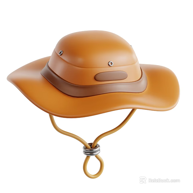 Brown Wide Brim Hat With Leather Accent And Adjustable Chin Strap 3d model 
