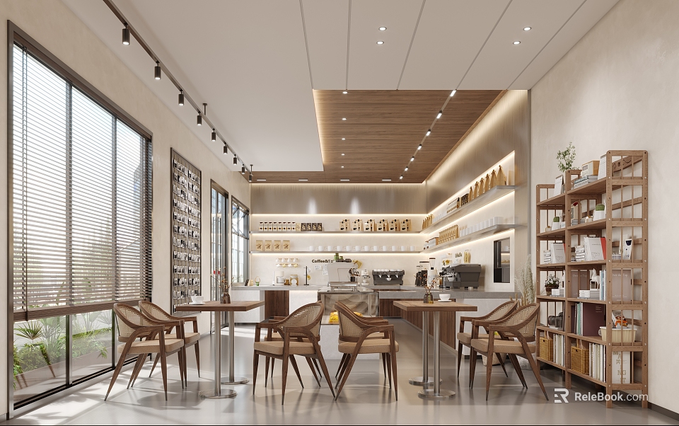 Modern Café Interior Design with Wooden Tables Chairs Large Windows Bookshelves and Warm Lighting 3d model 