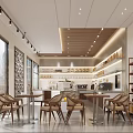 Modern Café Interior Design with Wooden Tables Chairs Large Windows Bookshelves and Warm Lighting