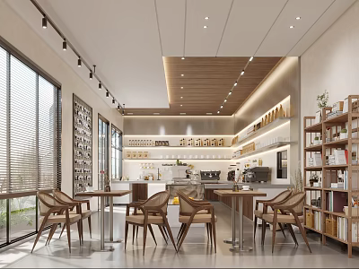 Modern Café Interior Design with Wooden Tables Chairs Large Windows Bookshelves and Warm Lighting 3d model