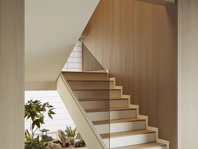 Modern Wooden Staircase Interior Design With Glass Railing And Indoor Green Plants 3d model