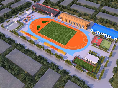 Outdoor Sports Fitness Complex With Football Field Running Track Basketball Courts And Green Areas 3d model