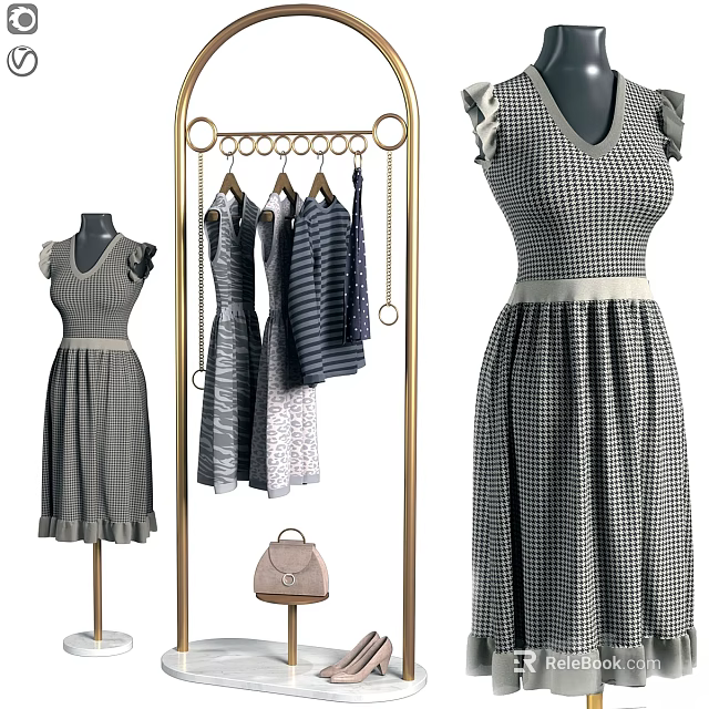 Checkered Dresses Hanging On Gold Clothes Rack With Mannequin And Handbag 3d model 