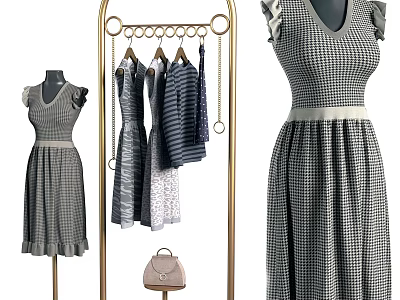 Checkered Dresses Hanging On Gold Clothes Rack With Mannequin And Handbag 3d model