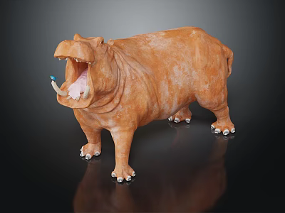 Orange Hippopotamus Model With Open Mouth And Tusks On Black Background With Reflection 3d model