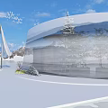 Snowy Landscape With Ice Structure Person Walking Snow Covered Trees Blue Sky And Water Reflection