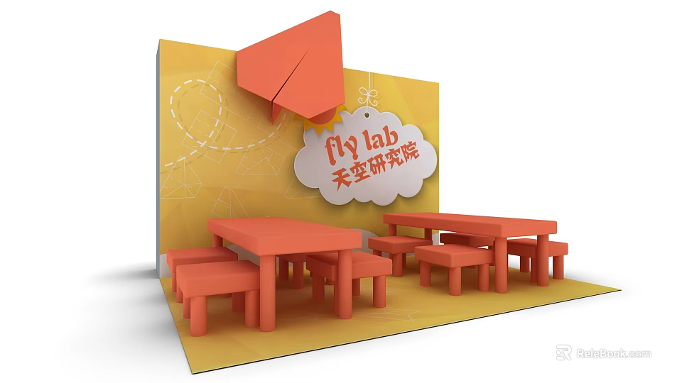 Orange Paper Airplane Themed Fly Lab Space With Tables Benches And Yellow Background 3d model 