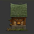 Fairy Tale Style Small Cottage With Green Roof Chimney Orange Walls Steps And Lit Window