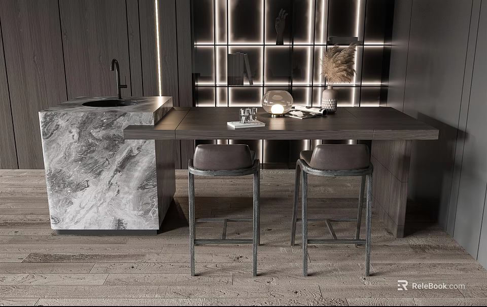 Modern Bar Counter With Marble Top And Two Stylish Bar Stools 3d model