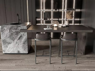Modern Bar Counter With Marble Top And Two Stylish Bar Stools 3d model