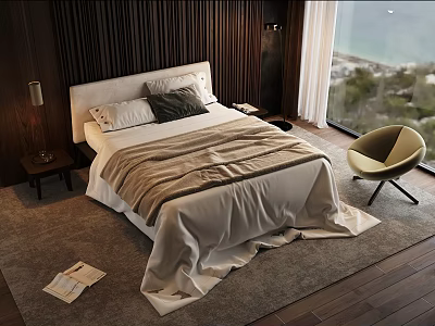 Cozy Double Bed With Beige Blanket Pillows Nightstand Lamp And Window View 3d model