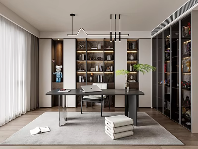 Modern Study Room Interior Design With Wooden Desk Bookshelves Pendant Lights And Green Plant 3d model