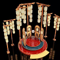 Traditional Stage Design With Hanging Lanterns Wooden Frames And Red Circular Platform 3d model