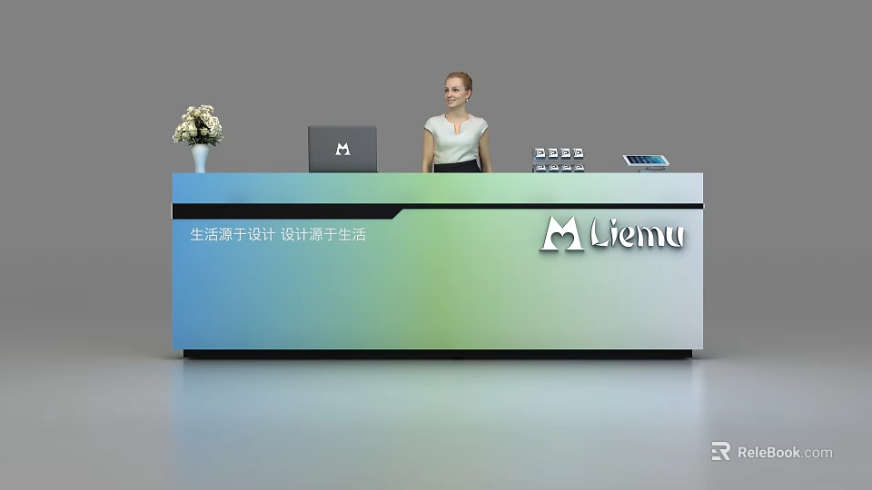 Reception Desk with Blue Green Gradient and Liemu Logo Staff Working Laptop Phone Flower Vase 3d model 