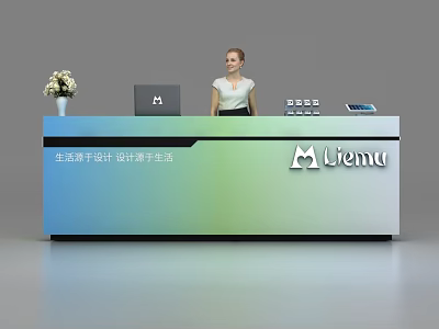 Reception Desk with Blue Green Gradient and Liemu Logo Staff Working Laptop Phone Flower Vase 3d model