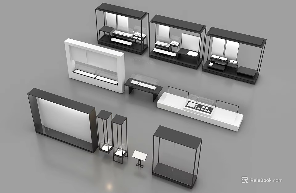 Modern Retail Display Showcase Units With Glass Doors And Metal Frames 3d model 