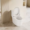 Modern White Toilet In Light Bathroom With Open Lid Shelves Large Window And Natural Light