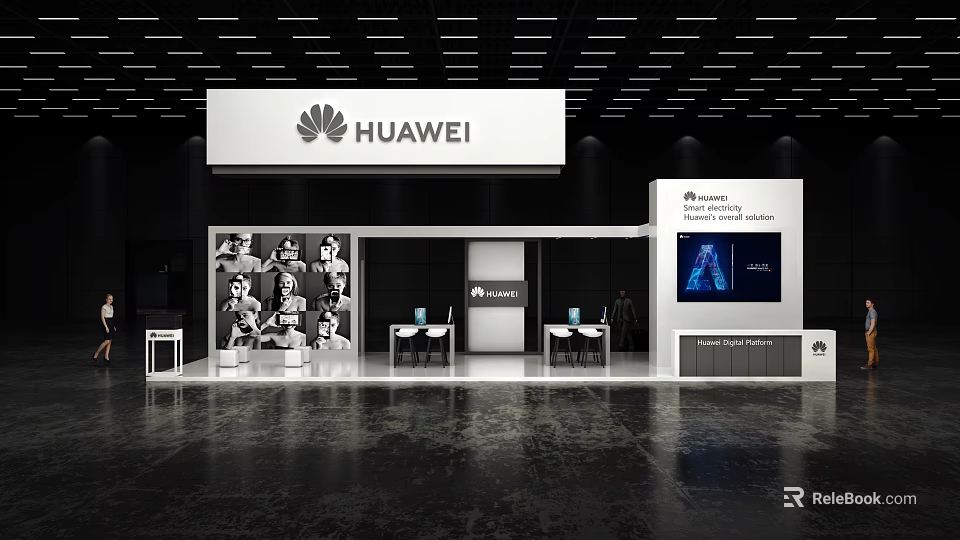 Huawei Exhibition Booth Modern Setup With Brand Logo Digital Display And Seats 3d model 