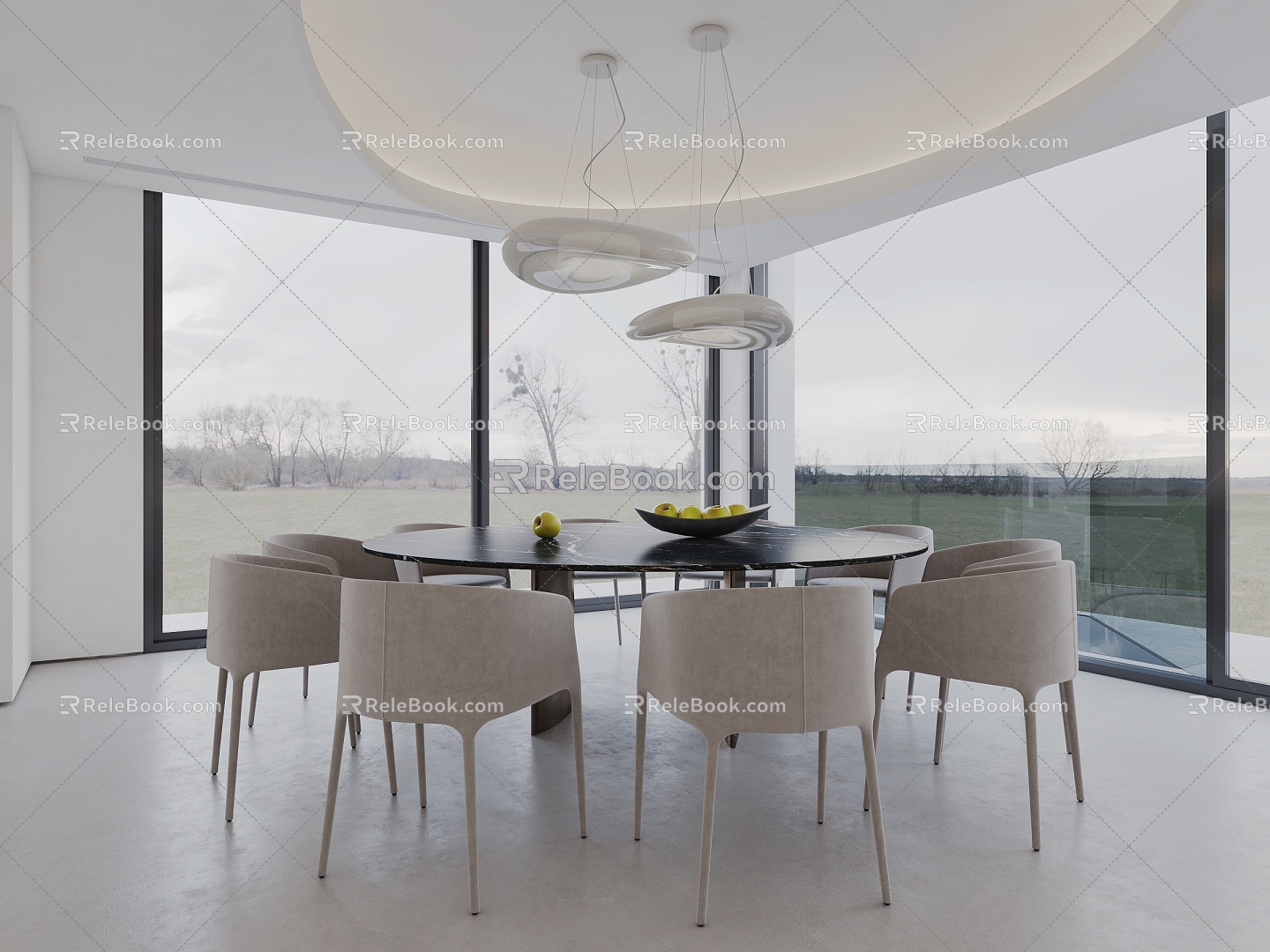 Modern round dining table and chair chandelier 3d model