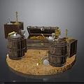Vintage Adventure Scene Setup With Wooden Barrels Treasure Chest And Candlesticks