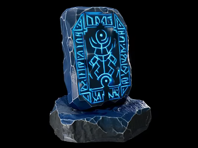 Glowing Blue Stone Tablet With Mystic Symbols On Rock Base In Sci Fi Scene 3d model