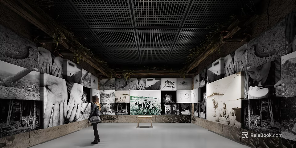 Cultural Center Interior Featuring Black White Photo Exhibits Murals and Visitor 3d model 