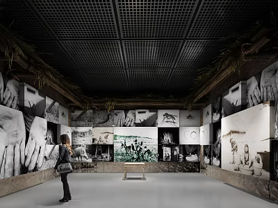 Cultural Center Interior Featuring Black White Photo Exhibits Murals and Visitor 3d model