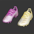 White Gold Soccer Cleats with Gold Stripes Upper and Spiked Soles on Black Reflective Background