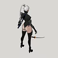A Woman With White Hair In Black Tight Outfit Holding A Sword Standing