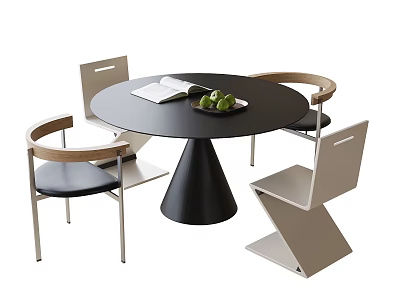 Modern Round Dining Table and Chairs Set with Wooden Armrests Book and Fruit Plate 3d model